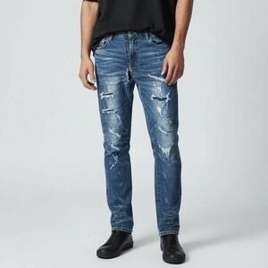 Smoke Rise Moto Slim Distressed Ripped Destroyed Denim Jeans Mens 32-32 Grunge